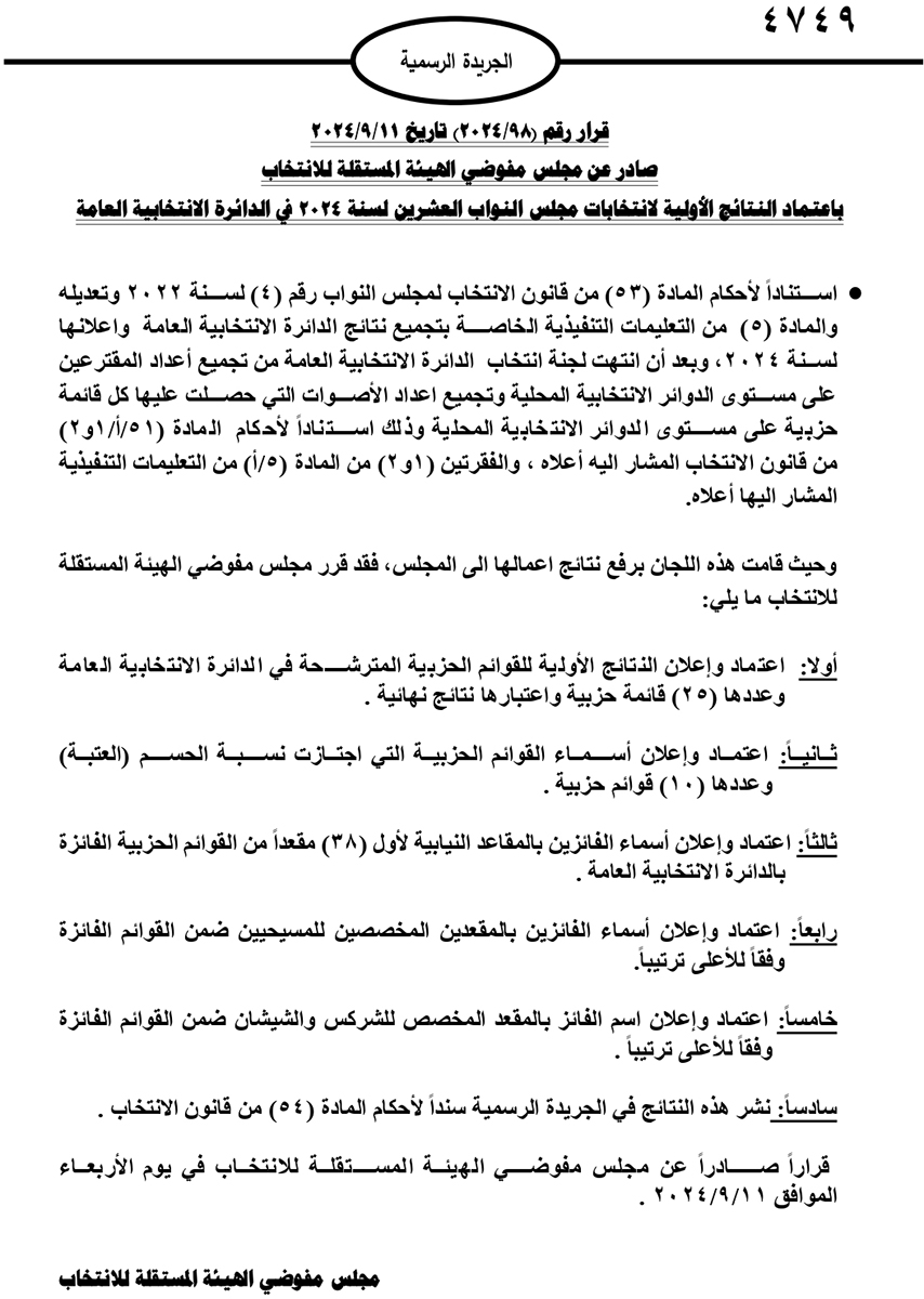 نشر نتائج الانتخابات النيابية على الجريدة الرسمية