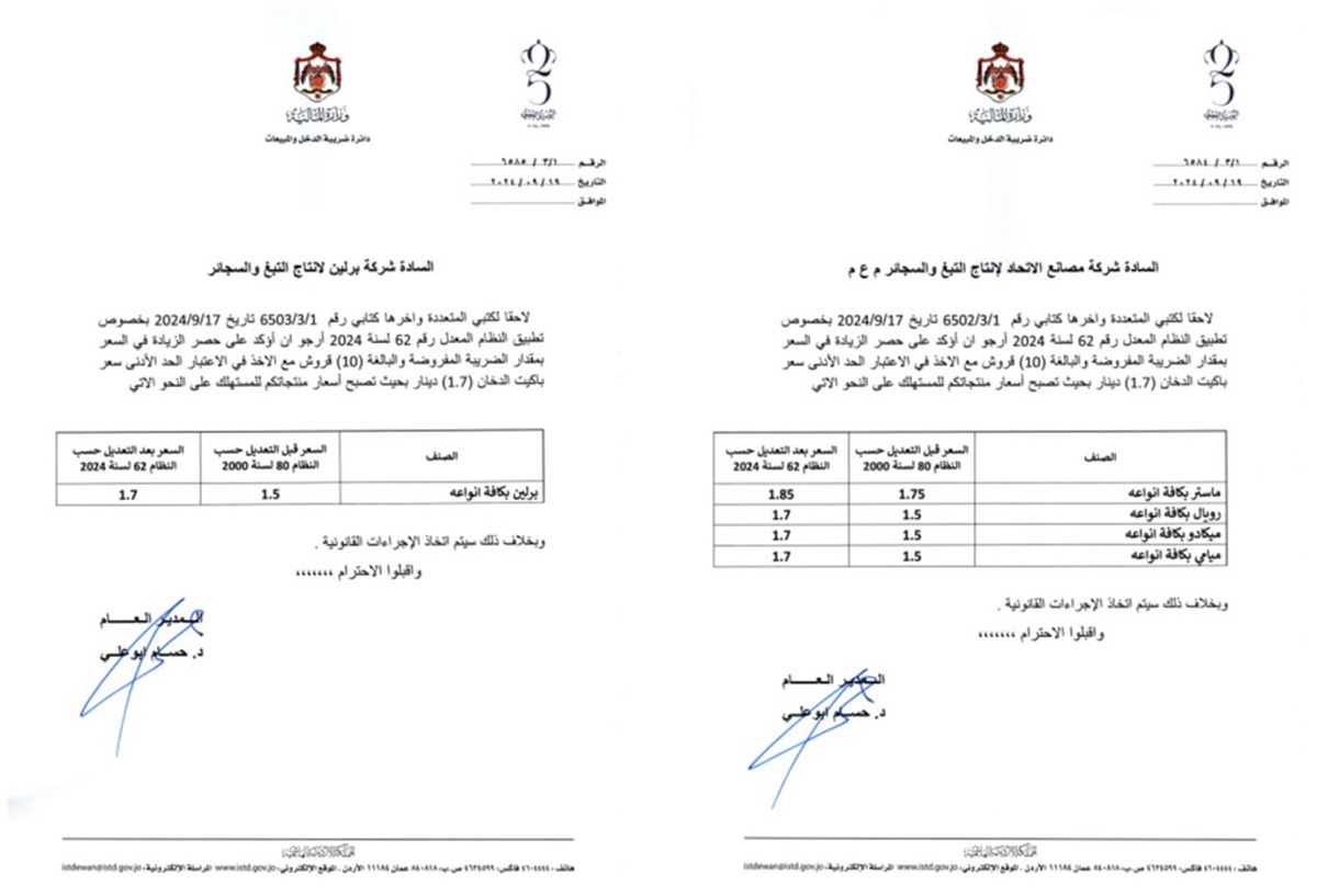 الضريبة تنشر الاسعار الجديدة للدخان