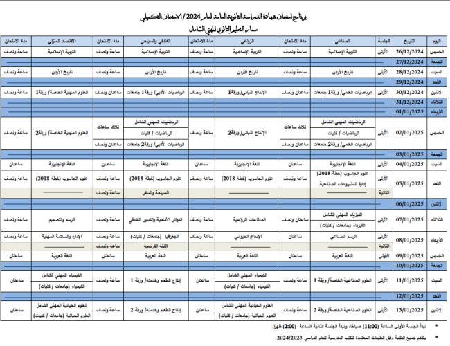 الإعلان عن جدول تكميلية التوجيهي