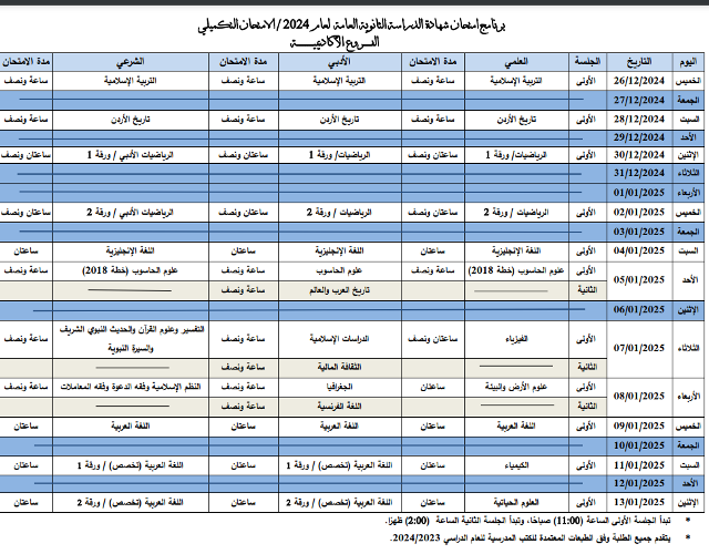 الإعلان عن جدول تكميلية التوجيهي