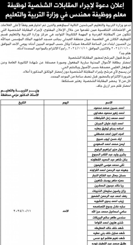 التربية تدعو معلمين ومهندسين للتعيين - أسماء
