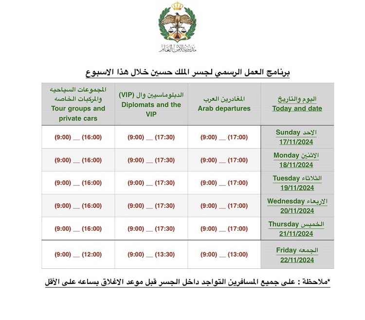 الأردن.. البرنامج الأسبوعي لعمل جسر الملك حسين