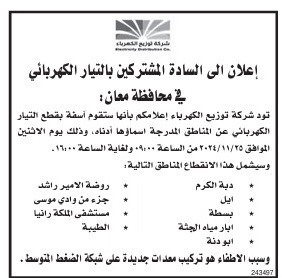 فصل الكهرباء عن مناطق بالأردن الأسبوع المقبل - أسماء