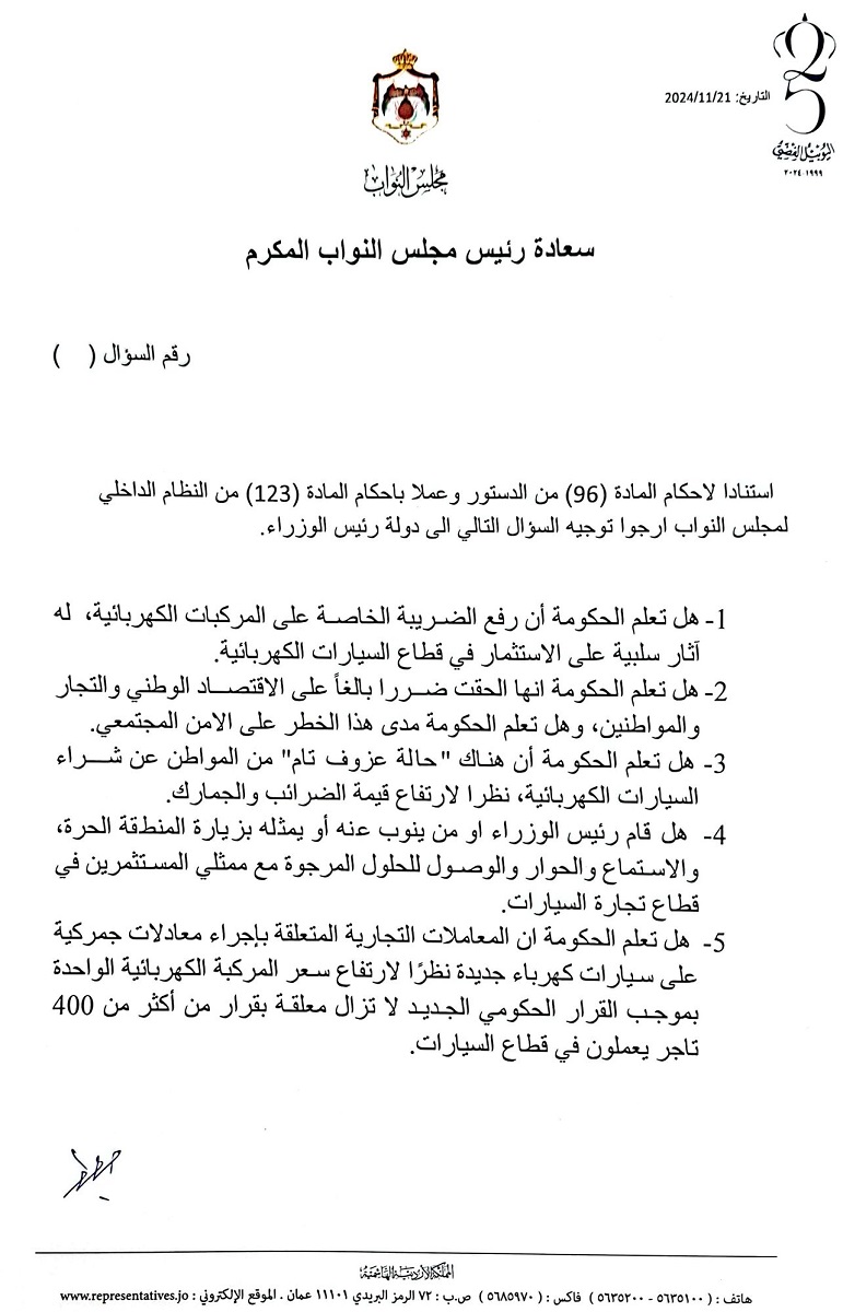 12 سؤالا من العرموطي للحكومة حول ضريبة المركبات الكهربائية