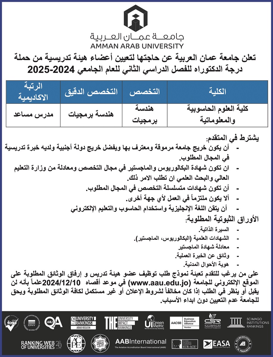 عمان العربية بحاجة لتعيين أعضاء هيئة تدريسية - تفاصيل