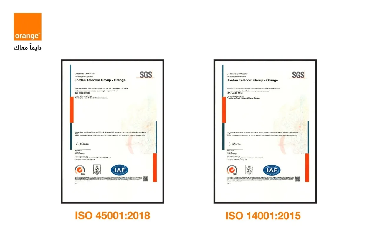 أورنج الأردن تؤكد ريادتها في معايير السلامة المهنية والبيئة بتجديد شهادتيّ الأيزو