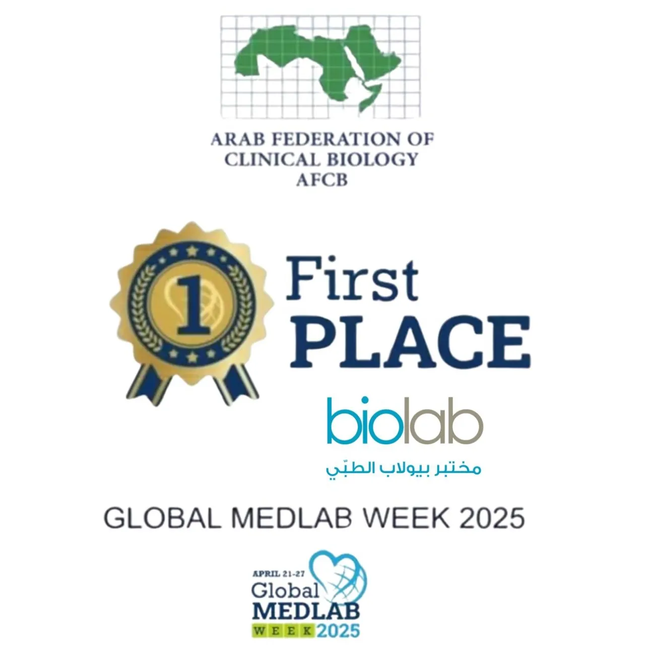مختبر بيولاب الطبي يحصد المركز الأول في مسابقة الاتحاد الدولي للكيمياء السريرية والطب المخبري