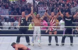 من اليسار: ساندمان، سابو، آر في دي وتومي دريمر يحتفلون بفوزهم في راسلمينيا