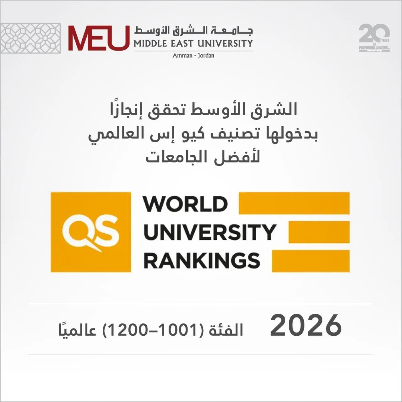 جامعة الشرق الأوسط تحقق إنجازًا مهماً بدخولها تصنيف كيو إس العالمي لأفضل الجامعات