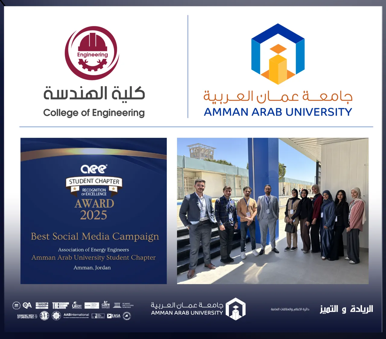 طلبة عمان العربية يحصدون جائزة أفضل حملة على وسائل التواصل الاجتماعي عالمياً من جمعية مهندسي الطاقة AEE