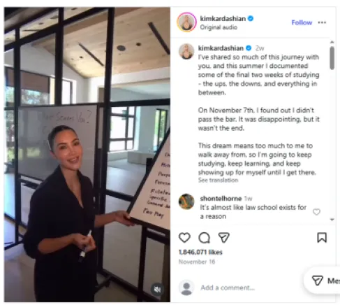 كيم كارداشيان تشرح أسباب إعلانها رسوبها في اختبار المحاماة