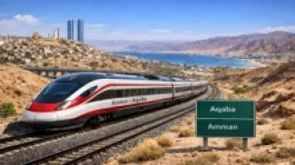 صورة مولّدة بالذكاء الاصطناعي لقطار سريع بين عمّان والعقبة