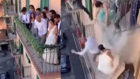 فيديو مروع.. حقيقة انهيار شرفة بالعروسين وضيوفهما يوم الزفاف