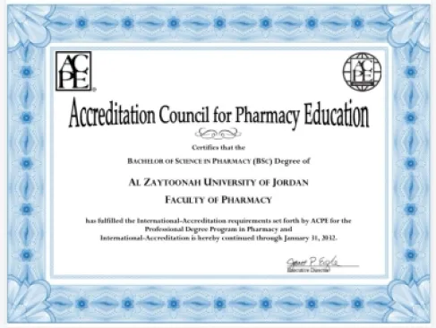 تجديد الاعتماد الأمريكي الدولي (ACPE) لكلية الصيدلة في جامعة الزيتونة الأردنية لمدة ستة سنوات