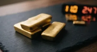 سبائك ذهبية بجوار شاشة أسعار كإشارة إلى العلاقة بين السوق العالمي والسعر المحلي