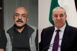 حسين الشيخ نائب الرئيس الفلسطيني (يمين) وسمير المشهراوي نائب رئيس تيار الإصلاح الديمقراطي