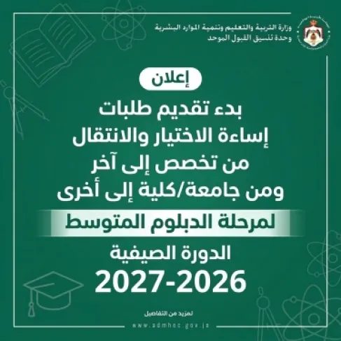 بدء تقديم طلبات إساءة الاختيار والانتقال بين التخصصات والكليات للدبلوم - رابط