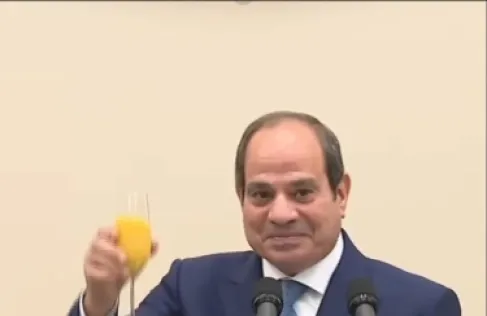 السيسي يدق كأس عصيره بكأس خمر الرئيس الكوري الجنوبي ويحيي المتواجدين بالكأس - فيديو